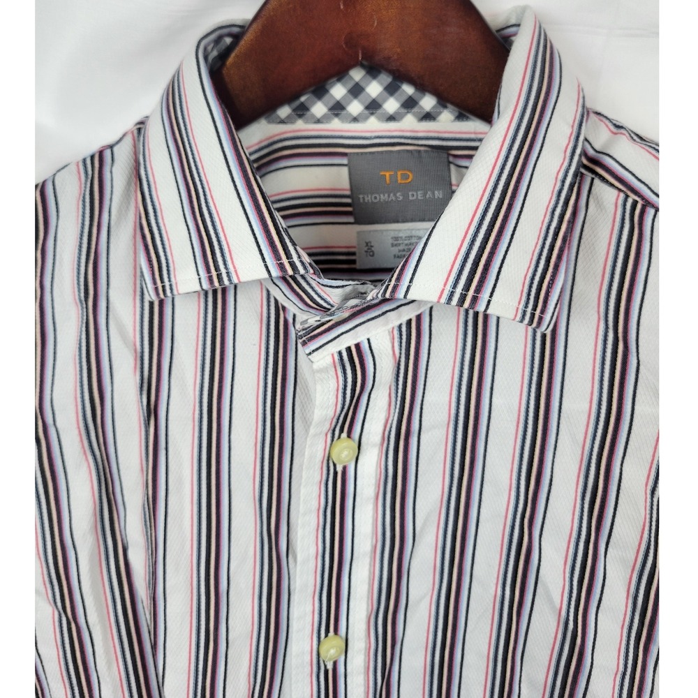 Thomas‎ Dean Shirt Mens XL Striped Button Up Dress Shirt Checkered Trim